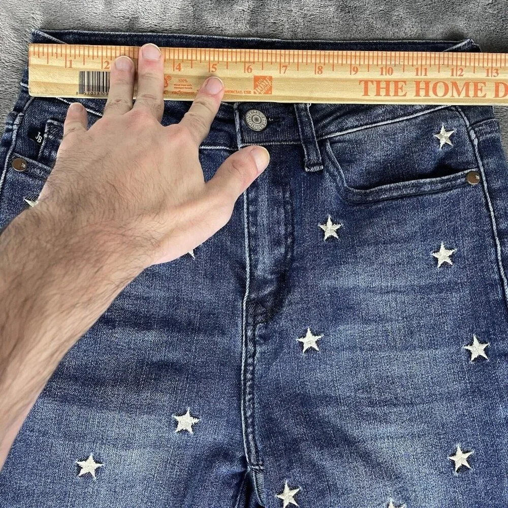 Judy Blue Jeans Womans 1/25 Star Embroidery High-Rise Skinny Raw Hem Whiskers - Picture 8 of 12